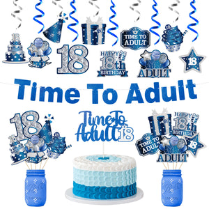 WATINC 42pcs 18th Birthday Party Decorations for Boys Girls, Navy Blue and Silver Time to Adult Bday Banner Deep Blue Hanging Swirls, Happy 18 Years Old Birthday Party Favors Cake Topper Centerpieces