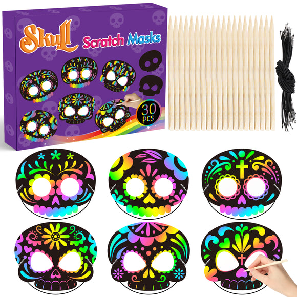 WATINC 30pcs Day of The Dead Skull Scratch Mask Gift Set for Kids, Halloween DIY Magic Scratch Paper, Skull Craft Kit to Mexican School Classroom Activity Art Project Party Favors Supplies