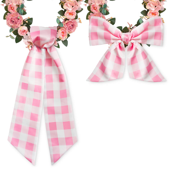 WATINC Wreath Sash for Front Door - 2pcs Pink and White Buffalo Check Wreaths DIY Bow Decoration, Valentine's Day Plaid Satin Sash Accessories for Home Yard Doorway Wall Window Decor (56'' x 4.5'')