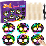 WATINC 30pcs Day of The Dead Skull Scratch Mask Gift Set for Kids, Halloween DIY Magic Scratch Paper, Skull Craft Kit to Mexican School Classroom Activity Art Project Party Favors Supplies