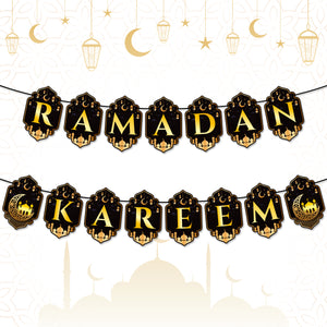 WATINC 2pcs Ramadan Kareem Banner Eid Mubarak Decoration, Ramadan Mubarak Hanging Banners Decor, No DIY Needed Eid Al-Fitr Party Favor Supplies Hang Bunting for Home Tree Fireplace Wall 10 Feet