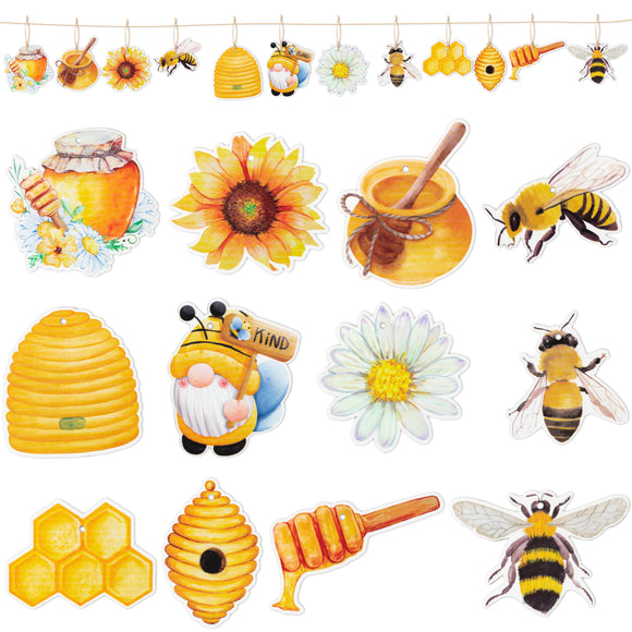 WATINC 37pcs Bee Wood Hanging Ornament Decoration, Summer Watercolor Wooden Pendant Hang Ornament, Honey Yellow Honeybee Gift Tag with Rope for Tree Garden Holiday Beach Hawaiian Party Decor Supplies