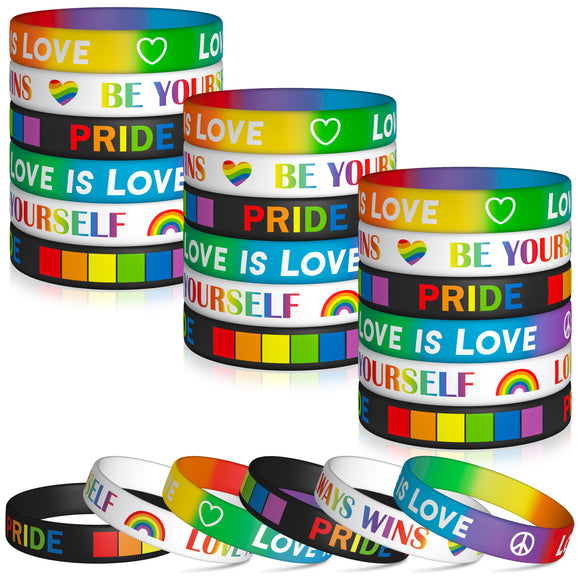 WATINC 48Pcs Gay Pride Silicone Bracelets Rainbow Love is Love LGBT Stretch Wristbands Colorful LGBTQ Rubber Sports Bracelet for Gay Lesbian Homosexual Festival Theme Parade Party Favor Supply Decor