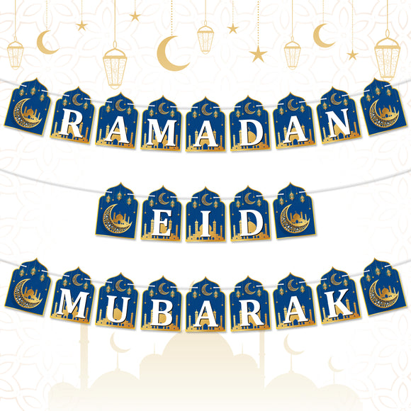 WATINC 2 in 1 Ramadan Banner Eid Mubarak Decoration, Ramadan Kareem Hanging Banners Decor, No DIY Needed Eid Al-Fitr Iftar Party Favor Hang Bunting Supplies for Home Tree Fireplace Wall 10 Feet (Blue)