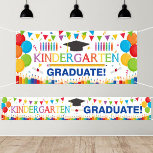 WATINC 2pcs Kindergarten Graduation Backdrop Banner, Extra Large Preschool Congrats Grad Background Decor, School Prom Celebration Graduate Party Supplies for Kids (White)