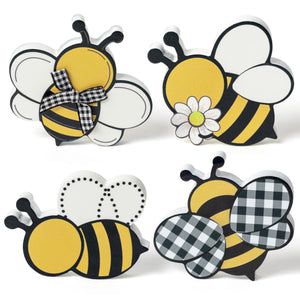 WATINC 4PCS Bee Tiered Tray Decor, Summer Wooden Table Centerpiece Sign, Double-sided Bumblebee Printed Wood Tabletop Signs, Rustic Farmhouse Table Decoration for Holiday Home Honey Party Supplies