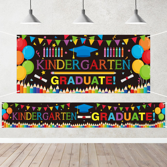 WATINC 2pcs Kindergarten Graduation Backdrop Banner, Extra Large Preschool Congrats Grad Background Decor, School Prom Celebration Graduate Party for Kids (Black)