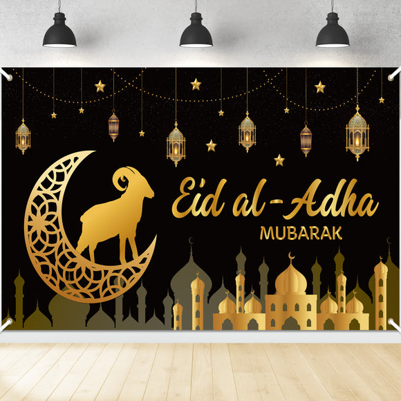 WATINC Eid Al Adha Banner Decorations XtraLarge Eid Mubarak Al-Adha Sheep Arabian Nights Moon Star Castles Banner Eid Party Decors Supplies Photo Booth for Wall Home Indoor Outdoor 79 X 45 Inch