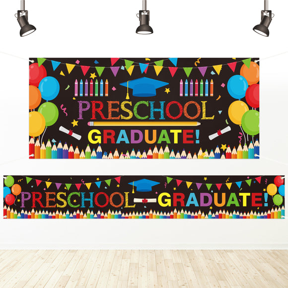 WATINC 2pcs Preschool Graduation Backdrop Banner, Extra Large Kindergarten Congrats Grad Background Decor, School Prom Celebration