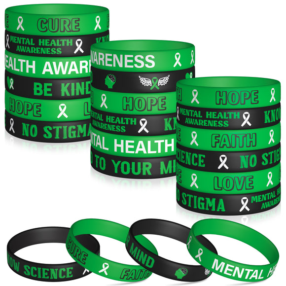 WATINC 48Pcs Mental Health Awareness Silicone Bracelets Ribbon Rubber Motivational Bracelet Faith Hope Love Stretch Wristbands Mental Health Awareness Month Gifts Unisex for Men Women (2 Colors)