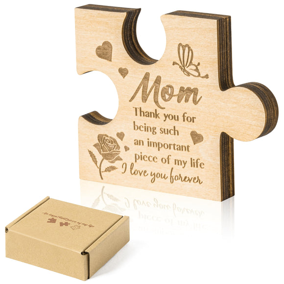 WATINC Puzzle Block Gift for Mom, Mother Birthday Gifts Ideas Puzzle Piece Sign Table Decoration, Moms Bday Unique Gift Mother's Day Presents Engraved Wooden Puzzle-shaped Home Decor from Daughter Son
