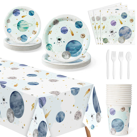 WATINC 170pcs First Trip Around the Sun Space Party Tableware Set, Outer Space Birthday Table Decorations Supplies, Solar System Plate Napkins Forks Cups Spoons Knives Tablecloths Parties Favors