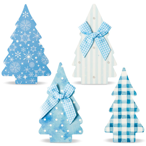 WATINC 4pcs Christmas Tabletop Decorations, Blue Christmas Tree Table Sign Decor, Xmas Winter Wooden Tiered Tray Centerpiece, Buffalo Plaid Snowflake Farmhouse Party Signs for Home (Double Printed)