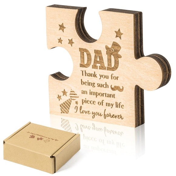WATINC Puzzle Block Gift for Dad, Father's Day Birthday Gifts Ideas Puzzle Piece Sign Table Decoration, Father Bday Unique Presents Engraved Wooden Puzzle-shaped Home Decor from Daughter Son