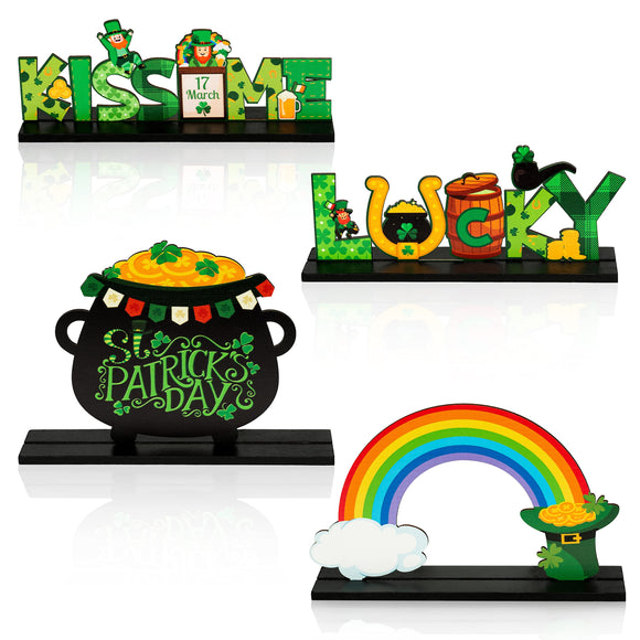 WATINC 4pcs St. Patrick's Day Wooden Table Topper, Shamrock Wood Centerpiece Decorations, Detachable Clover Tiered Tray Signs Decor, Saint Patty’s Day Party Favor Tabletop Supplies for Holiday Kitchen