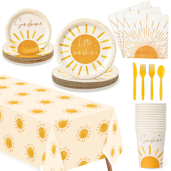 WATINC 170pcs First Trip Around the Sun Boho Party Tableware Set, Sunshine Birthday Table Decorations Supplies, The Sun Groovy Plate Napkins Forks Cups Spoons Knives Tablecloths Parties Favors