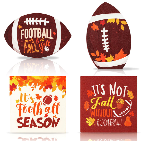 WATINC 4PCS Fall Football Tiered Tray Decor, Rugby Game Day Wooden Centerpiece Sign, Football Themed Birthday Party Decorations Supplies, Rustic Farmhouse Table Décor for Home Kitchen Season Favor