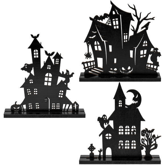 WATINC 3Pcs Halloween Tabletop Wooden Centerpiece Decorations, Wood Silhouette Sketch Ghost House Table Decor, Halloween Themed Black Pumpkin Boo Haunted House Detachable Table Topper for Home Kitchen