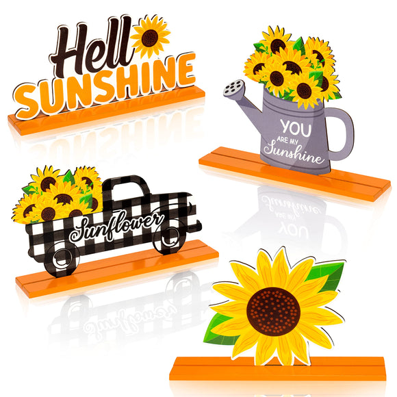 WATINC 4pcs Sunflower Table Decoration Wooden Centerpiece Sign, Hello Sunshine Wood Tabletop Decor, Detachable Summer Desk Topper Tiered Tray Signs for Holiday Birthday Home Office Party Gift Supplies