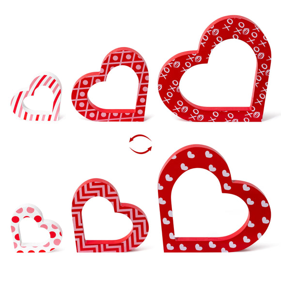 WATINC 3pcs Valentine’s Day Heart Wooden Table Decoration, Happy Valentines Party Tiered Tray Signs, Sweet Love Wood Centerpiece, Double-sided Romantic XOXO Tabletop Decor for Home Porch Kitchen Room