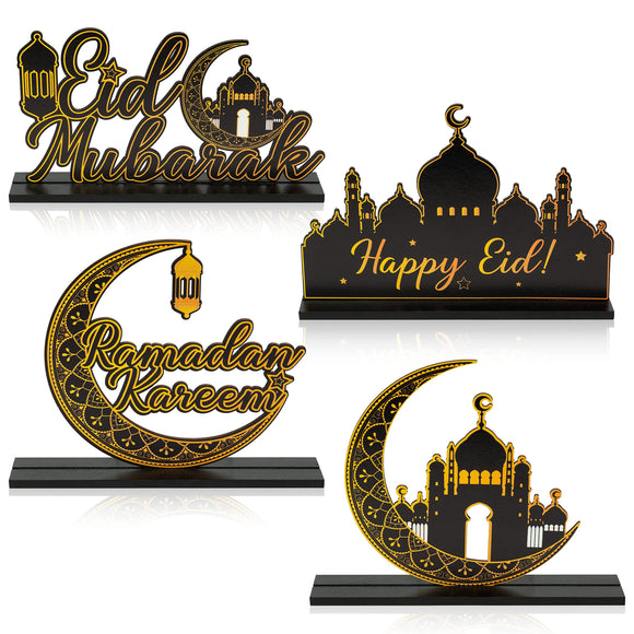 WATINC 4pcs Ramadan Kareem Wooden Table Topper Centerpiece Decorations, Happy Eid Mubarak Party Wood Tiered Tray Signs Table Decor, Al-Fitr Black Gold Detachable Tabletop Supplies for Home Kitchen