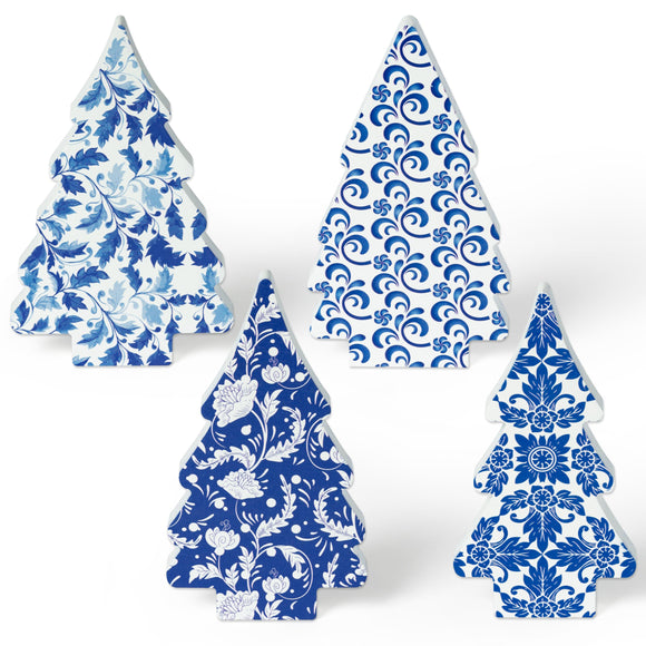 WATINC 4pcs Christmas Tabletop Decorations, Chinoiserie Christmas Tree Table Sign Decor, Xmas Winter Wooden Tiered Tray Centerpiece, Blue White Farmhouse Party Signs for Home (Double Printed)