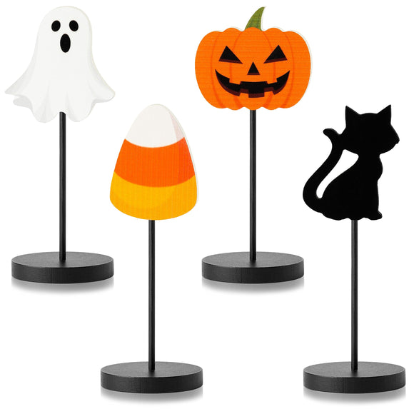 WATINC 4pcs Halloween Wooden Centerpiece Table Decorations, Black Cat Ghost Pumpkin Candy Corns Wood Tiered Tray Home Decor, Happy Halloween Party Trick or Treat Farmhouse Tall Standing Block Set