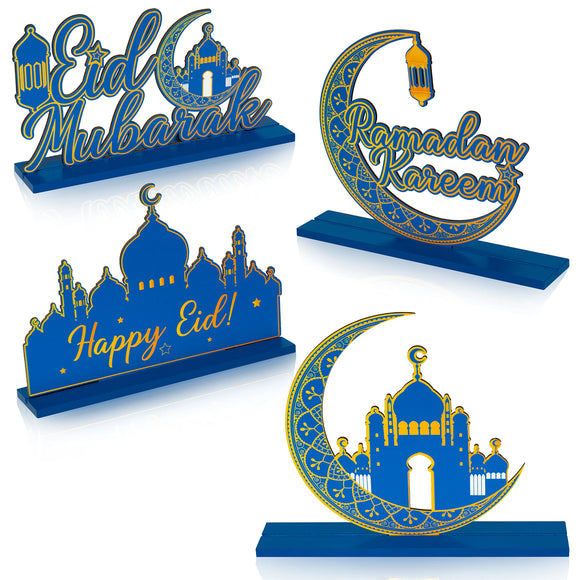 WATINC 4pcs Ramadan Kareem Wooden Table Topper Centerpiece Decorations, Happy Eid Mubarak Party Wood Tiered Tray Signs Table Decor, Al-Fitr Blue Gold Detachable Tabletop Supplies for Home Kitchen