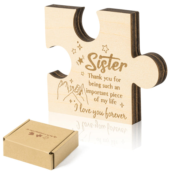 WATINC Puzzle Block Gift for Sister, Sister Birthday Gifts Ideas Puzzle Piece Plaque Table Decoration, Engraved Wooden Puzzle-shaped Sign Home Decor for Sisters Women Girls Daughter Bday Presents