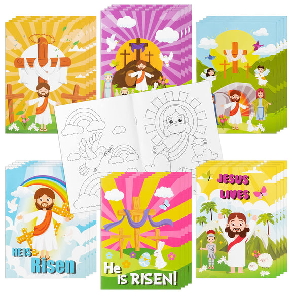 WATINC 24pcs Christian Easter Coloring Books for Kids, He is Risen Color Booklet Bulk with Jesus Crosses DIY Art Drawing Book, Painting Craft Party Favors and Goodie Bag Fillers for Home and Classroom