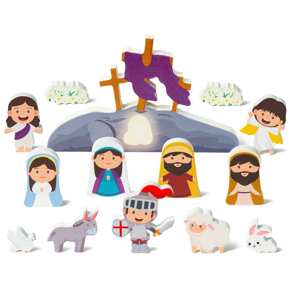 WATINC 14pcs Easter Resurrection Scene Decorations, Religious Jesus Storytelling Wooden Tiered Tray Signs Table Decor, Christ Jesus Nativity Christian Wood Centerpieces for Easter Spring Holiday Party