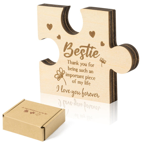 WATINC Puzzle Block Gift for Bestie, Best friend Birthday Gifts Ideas Puzzle Piece Plaque Table Decoration, Engraved Wooden Puzzle-shaped Sign Friends Presents for Girl Women BFF Friendship