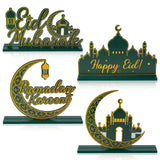 WATINC 4pcs Ramadan Kareem Wooden Table Topper Centerpiece Decorations, Happy Eid Mubarak Party Wood Tiered Tray Signs Table Decor, Al-Fitr Green Gold Detachable Tabletop Supplies for Home Kitchen