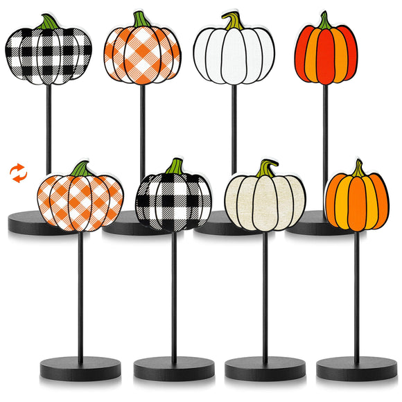 WATINC 4pcs Autumn Pumpkin Wood Centerpiece Table Decorations, Home Farmhouse Fall Halloween Buffalo Plaid Tiered Tray, Reversible Thanksgiving Tall Standing Tabletop Block Decor Set (Double Printed)