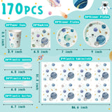 WATINC 170pcs First Trip Around the Sun Space Party Tableware Set, Outer Space Birthday Table Decorations Supplies, Solar System Plate Napkins Forks Cups Spoons Knives Tablecloths Parties Favors
