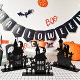 WATINC 3Pcs Halloween Tabletop Wooden Centerpiece Decorations, Wood Silhouette Sketch Ghost House Table Decor, Halloween Themed Black Pumpkin Boo Haunted House Detachable Table Topper for Home Kitchen