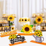 WATINC 4pcs Sunflower Table Decoration Wooden Centerpiece Sign, Hello Sunshine Wood Tabletop Decor, Detachable Summer Desk Topper Tiered Tray Signs for Holiday Birthday Home Office Party Gift Supplies