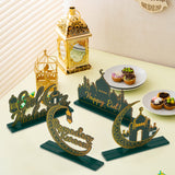 WATINC 4pcs Ramadan Kareem Wooden Table Topper Centerpiece Decorations, Happy Eid Mubarak Party Wood Tiered Tray Signs Table Decor, Al-Fitr Green Gold Detachable Tabletop Supplies for Home Kitchen