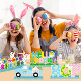 WATINC 4pcs Easter Table Decorations Wooden Centerpiece Signs, Easter's Bunny Tabletop Decor, Detachable Hello Spring Hop Tiered Tray Sign Desk Topper for Holiday Home Office Party Gift Supplies