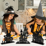 WATINC 3Pcs Halloween Tabletop Wooden Centerpiece Decorations, Wood Silhouette Sketch Ghost House Table Decor, Halloween Themed Black Pumpkin Boo Haunted House Detachable Table Topper for Home Kitchen