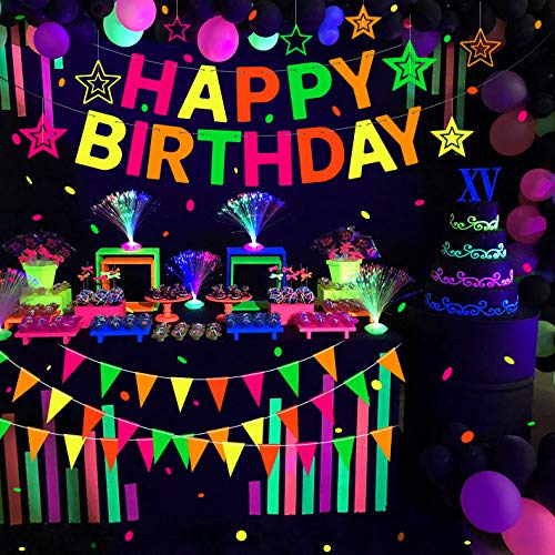 WATINC 12pcs Neon Happy Birthday Banner, Black Light Neon Paper Pennant Garland Star Hanging Decorations for Birthday Wedding Glow in The Dark Party Decoration, UV Reactive Glow Party Favors Supply