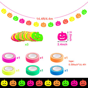 WATINC 3Pcs Halloween Pumpkin Neon Paper Garland included 30Pcs Fluorescent Balloons Hanging Decorations for Trick or Treat Party Supplies Glow in The Dark Party with 6Pcs UV Blacklight Reactive Tapes