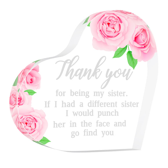 WATINC Sister Gifts Heart Acrylic Paperweight and Keepsake, Thank You for Being My Sister Friendship Birthday Present for Friends, Pink Rose Heart Memorial Table Centerpieces Decorations Bedroom Sign