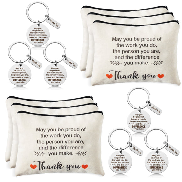 WATINC Appreciation Keychain Gifts Set 6Pcs Thank You Key Chains & 6Pcs Proud of You Make a Difference Makeup Cosmetic Bags Inspirational Presents Bulk for Coworker Employee Teacher Women Men