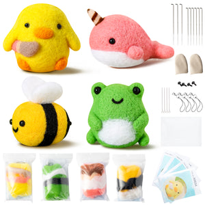 WATINC Set of 4 Cute Animal Needle Felting Starter Kit Frog Chick Bee Narwhal Animal Doll Wool Felting Tools Felt Needles Foam Mat DIY Needlework Craft Party Supplies for Beginners Adults Kids