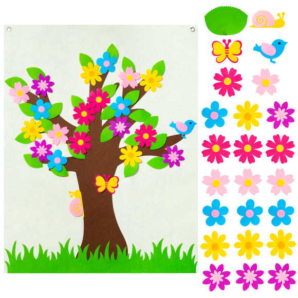 WATINC 49Pcs DIY Spring Tree Felt Board Craft Kit, Flower Leaf Butterfly Snail Bird Detachable Ornaments Spring Party Decoration for Kids, Activity Creative Game Wall Hanging Decor for Home Classroom