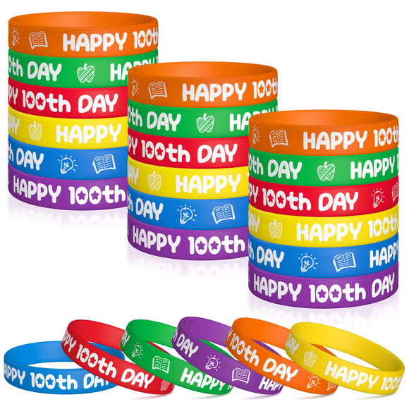WATINC 100th Day of School Silicone Bracelets Colorful Happy 100th Days Stretch Wristbands Rubber Bracelet Teacher Student Teens Rewards for Class Party Favors Supplies Decoration 6 Colors (48 Pieces)