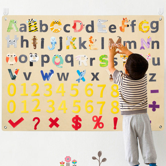 WATINC Animal Alphabets Felt Story Board Set 3.5Ft 88Pcs Preschool Upper Lower Case Letters Numbers Math Symbols Flannel Felt-Board Early Learning Play Kit Wall Hanging Gift for Toddlers Kids