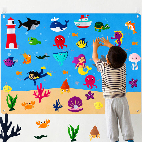 WATINC 45Pcs Under The Sea Teaching Felt Board Story Set 3.5 Ft Ocean Creatures Aquarium Storytelling Flannel Interactive Play Kit with Mermaid Diver Shark Reusable Wall Hanging Gift for Toddlers