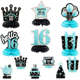 WATINC 12pcs Sweet 16 Centerpieces for Tables, 16 Years Old Honeycomb Centerpieces Table Topper Decoration, Teal Silver Black Blue Happy 16th Birthday Party Photo Props Decorations for Teen Girls Boys